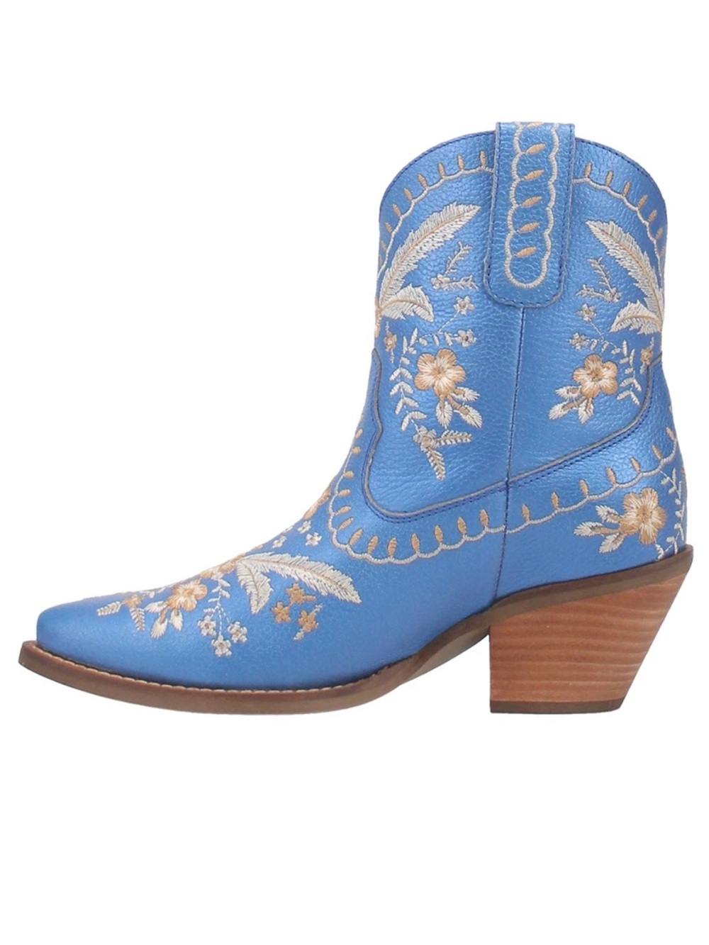 DINGO-Primrose Floral Embroidered Metallic Blue Western Pull Up Ankle Booties